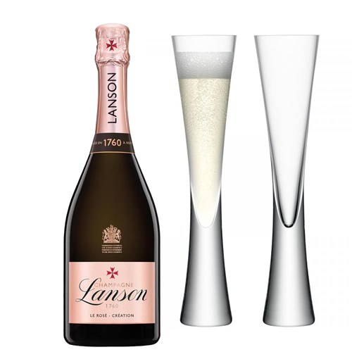 Lanson Le Rose Creation Champagne 75cl with LSA Moya Flutes